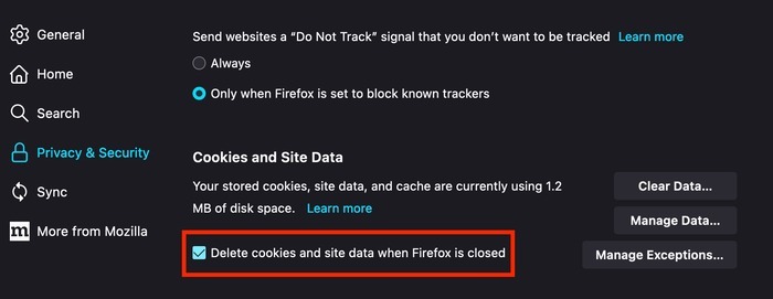 Selecting the option to delete cookies and site data when Firefox is closed