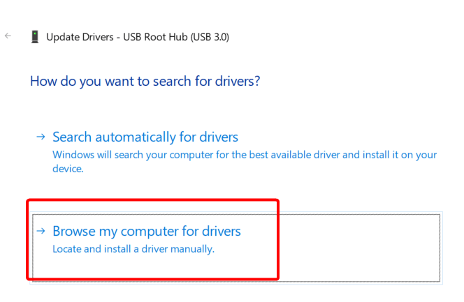 Selecting the option "Browse my computer for drivers" to update the USB 3.0 drivers that are downloaded
