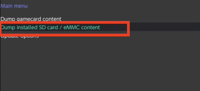 Selecting the option "Dump installed SD card/eMMC content"