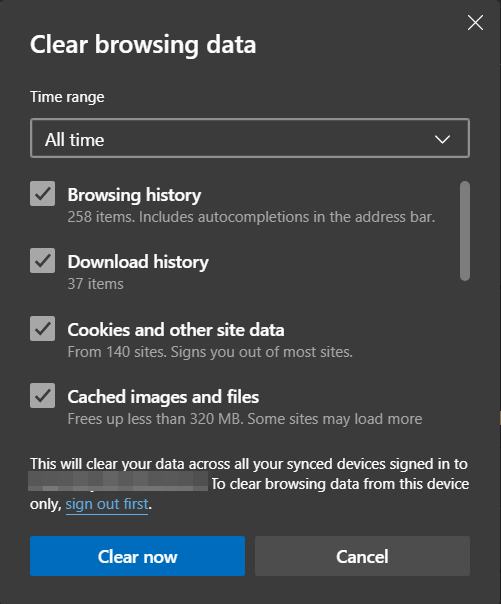 Selecting the "clear data" option to delete Edge's browsing history