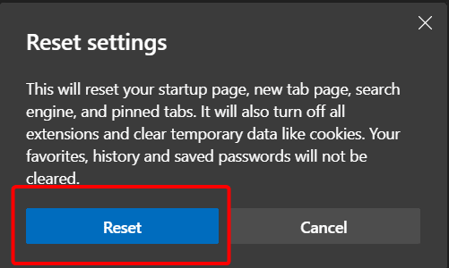 Confirming the decision to reset Microsoft Edge