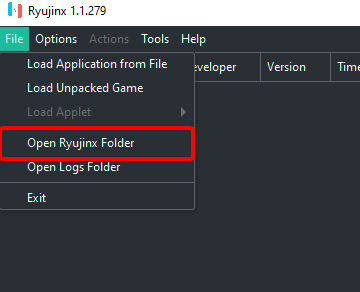Selecting the "Open Ryujinx Folder" option