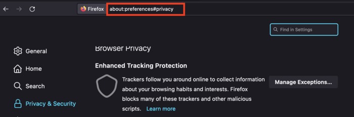 Configuring Firefox's privacy settings