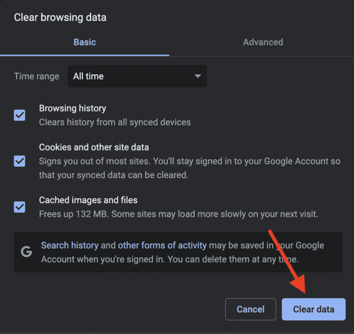 Confirming the decision to clear all of Google Chrome's data