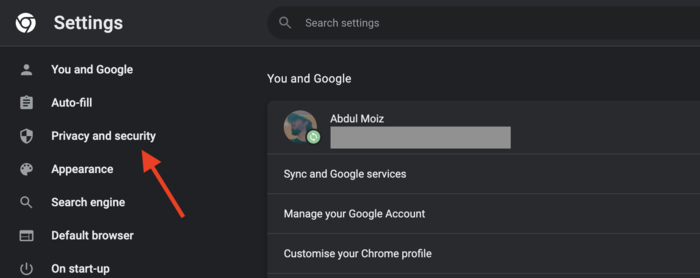 Inside Google Chrome's settings menu, select the "Privacy and security" menu 