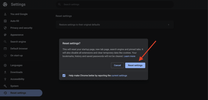 Confirming the decision to reset Google Chrome