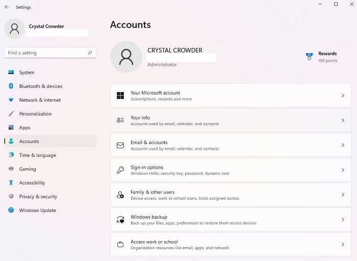Opening Accounts in the Windows Settings menu.