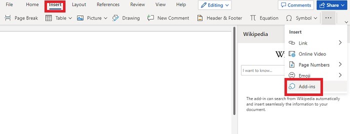 Opening the Add-ins option in Microsoft Word.