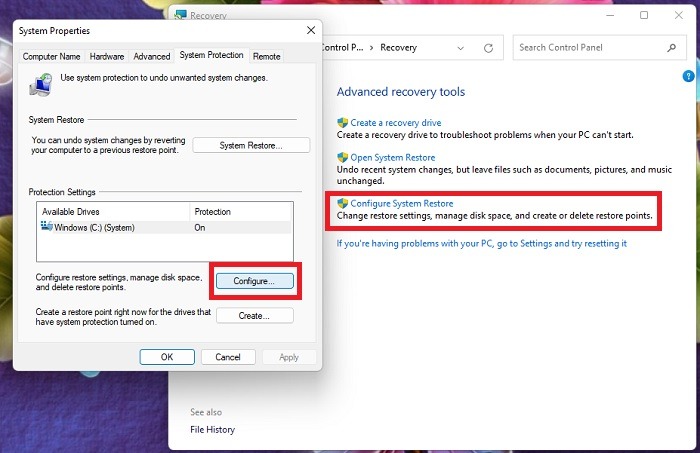 Turning on System Restore in Control Panel.