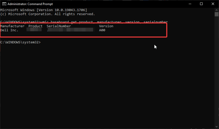 Command prompt displays all the details about the motherboard