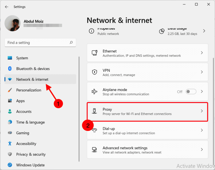 Opening the "Network & Internet" settings page to configure the proxy settings
