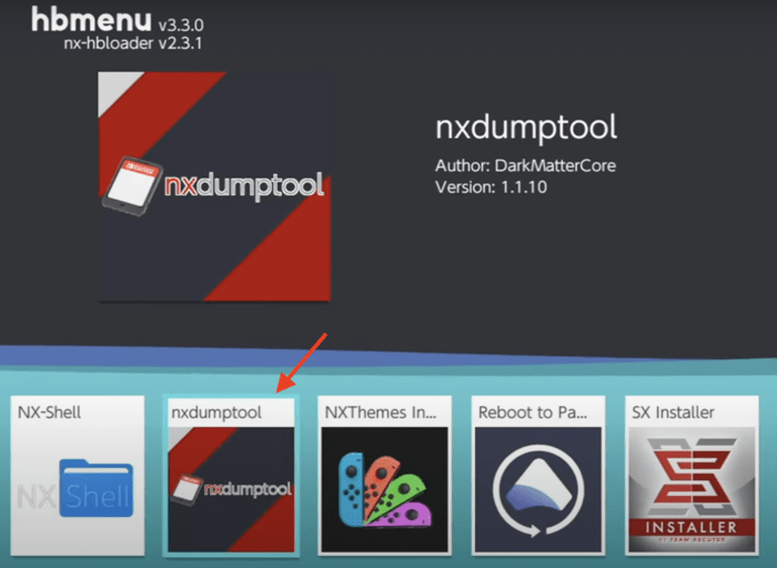 Opening the NXDump Tool on Nintendo Switch