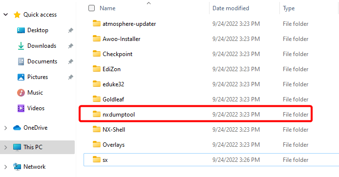Opening the "NXDump Tool" folder inside the "Switch" folder