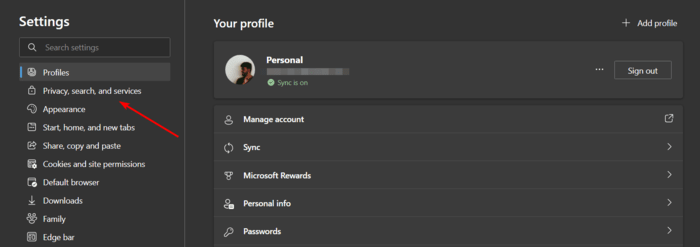 Selecting the Privacy, search, and services menu in the settings menu of Microsoft Edge