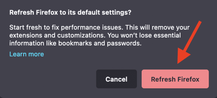 Confirming the decision to reset Firefox to default settings