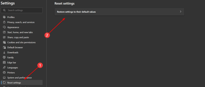 Choosing the option to return Microsoft Edge to its default settings