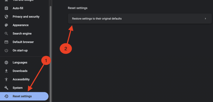 Selecting the Reset Settings option to reset Google Chrome browser