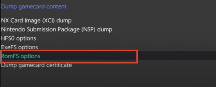 Selecting the "RomFS Options" inside the NXDump Tool menu