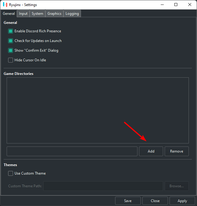 Adding games to Ryujinx by selecting the "Add" option under "Game Directories"