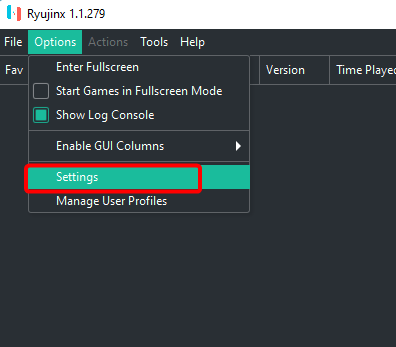 Opening Ryujinx settings menu