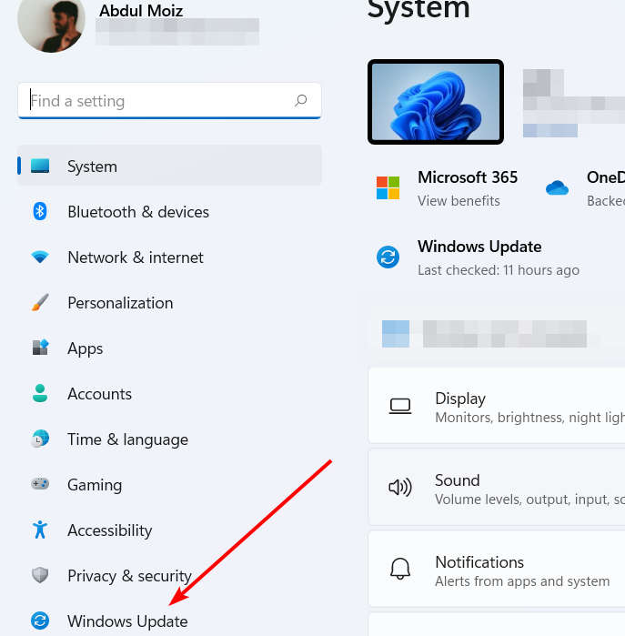 Selecting the Windows update option inside the Settings menu