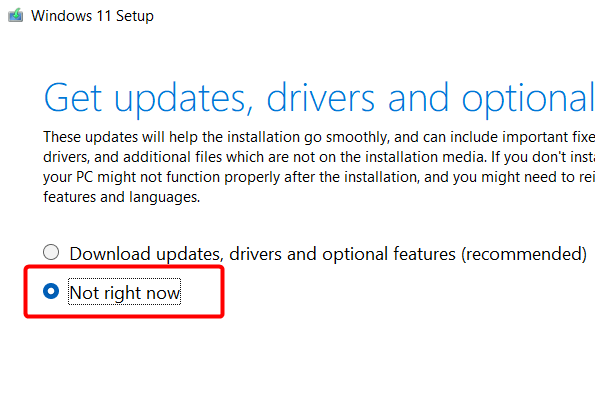 Selecting the option "Not right now"