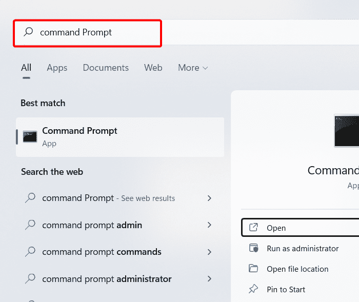 Using the Start menu to search for Command Prompt