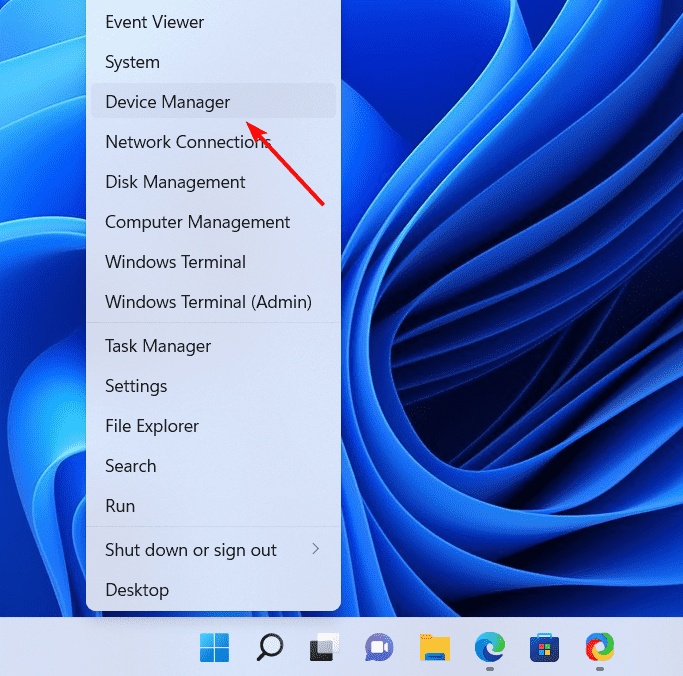 Opening the Device Manager by right-clicking on the Start menu and selecting it