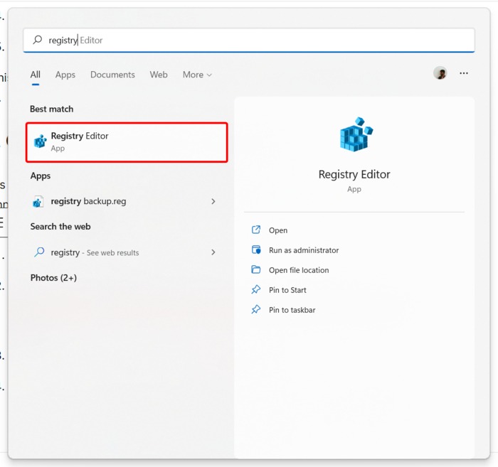 Opening Registry Editor by searching for it