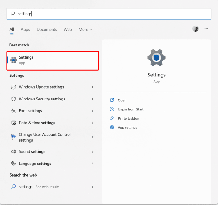 Searching for "Settings" using the Start menu