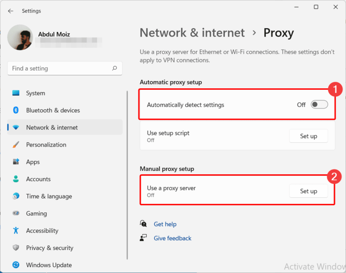 Turning off proxy settings