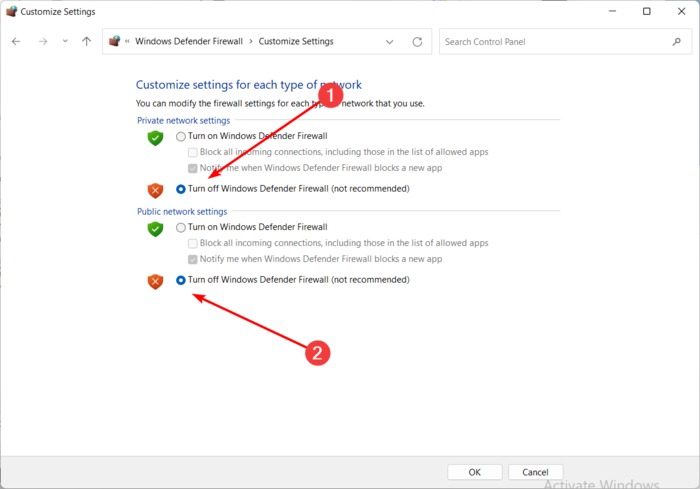 Turning off private network settings and public network settings