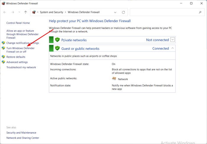 Opening the Windows Defender Firewall settings to turn it off