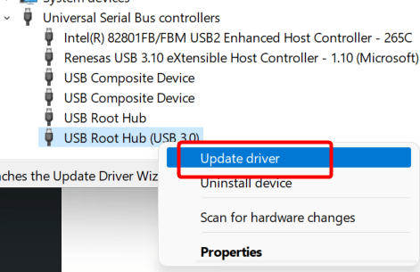 Updating the USB Root hub (USB3.0) drivers