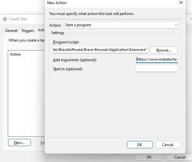 Choosing sites to open in Task Scheduler.