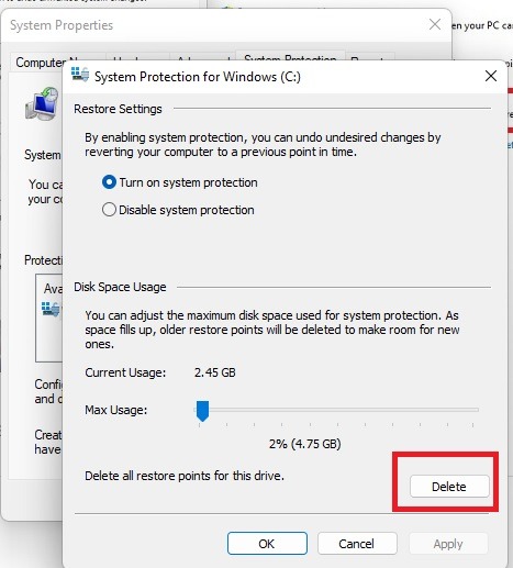 Deleting System Restore points.