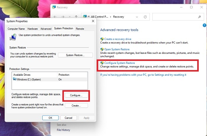 Viewing existing System Restore points.
