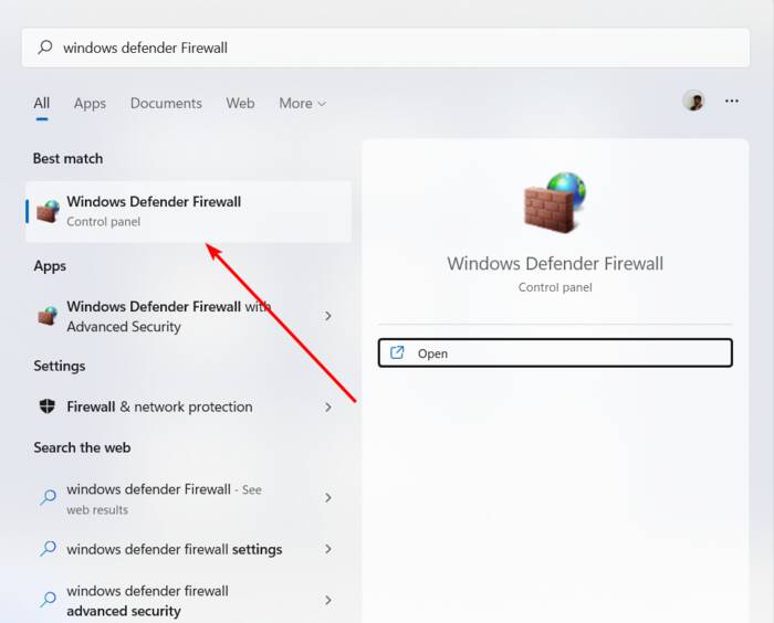 Opening Windows Defender Firewall by searching for it using the search button