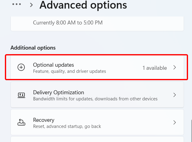 Accessing Optional updates inside Advanced options sub-menu