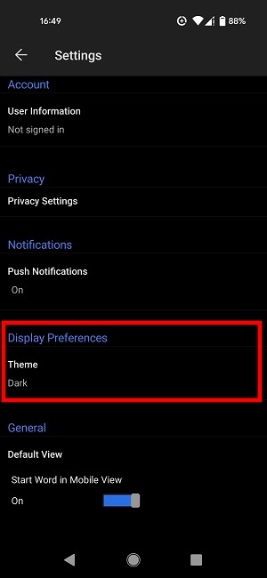 Word Dark Mode Mobile Theme