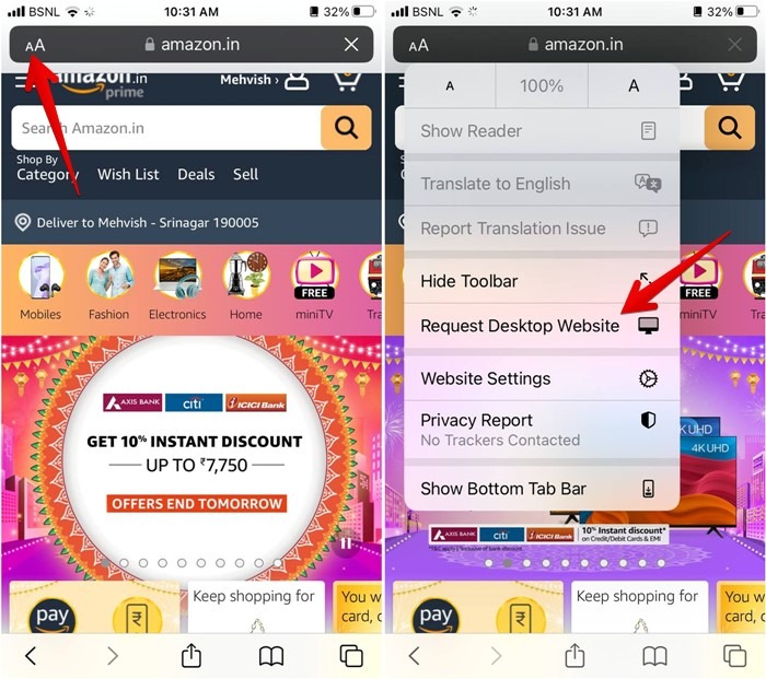 Amazon iOS Request Desktop Site