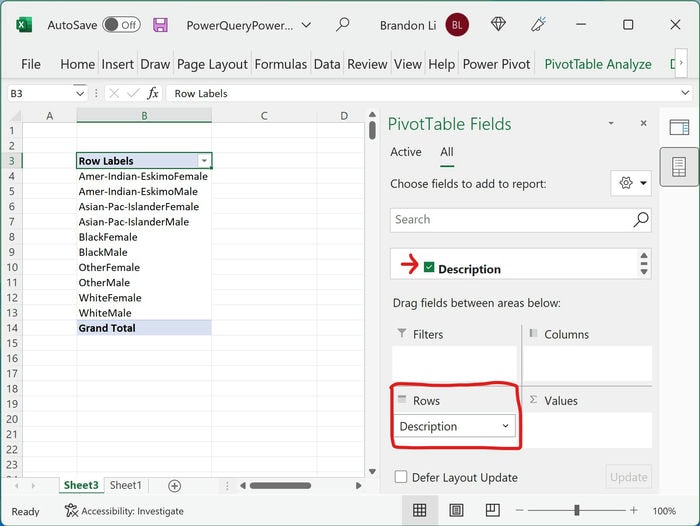 Excel Power Pivot Field Select Description