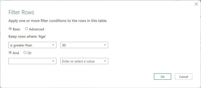 Excel Power Query Editor Combined Filter Age Greater Than 30