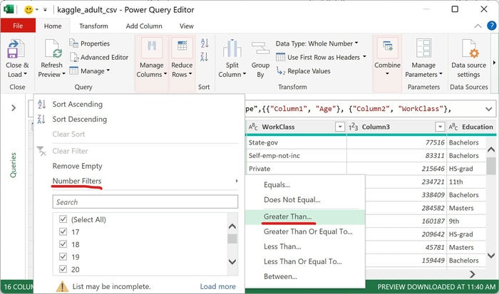 Excel Power Query Editor Combined Filter Age Greater Than
