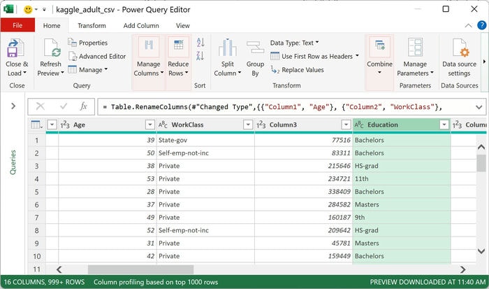Excel Power Query Editor Combined Renamed