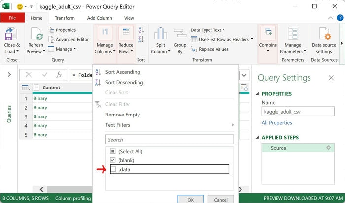 Excel Power Query Editor Extension Uncheck Data