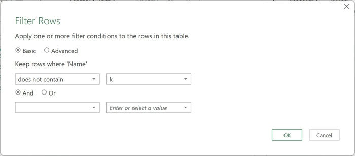 Excel Power Query Editor Name Text Filter Does Not Contain K
