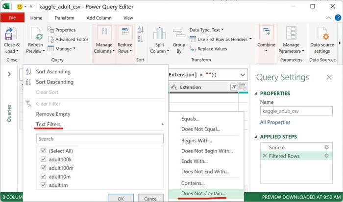 Excel Power Query Editor Name Text Filter Does Not Contain