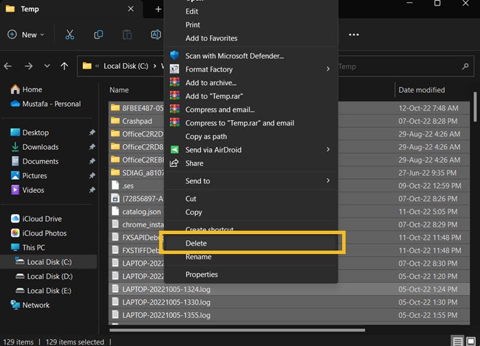 File Explorer Delete Temp