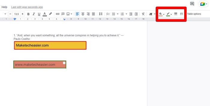 Google Docs Table Customize